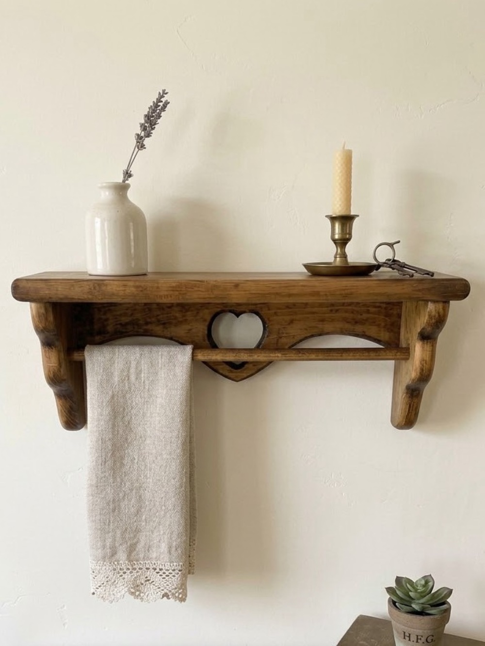 Darling Rustic Wooden Wall Shelf with Towel Bar and heart cut-out